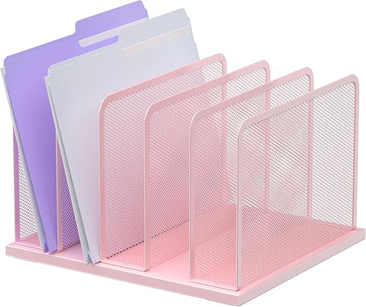 Kuntine.B 5-Section Upright Desk File Organizer Pink 1 Pack | Vertical, Mesh, Metal, Assembly, Stability, Sturdiness, Organization, Standing by KuntineB