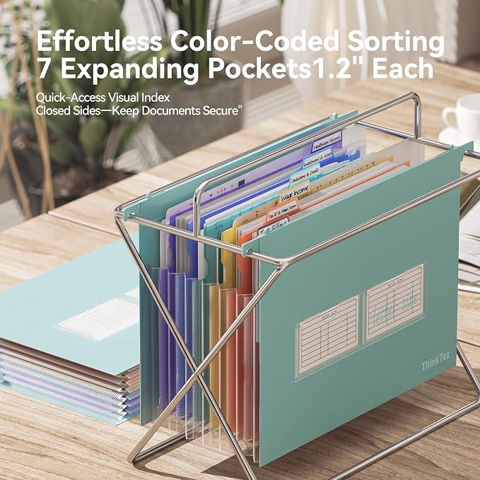 ThinkTex Plastic Expanding Hanging File Folders, 7 * 1.2" Accordion Pockets | Large Capacity, Multi-Color Tabs, Letter Size for Filing Cabinet - Green - Image 4