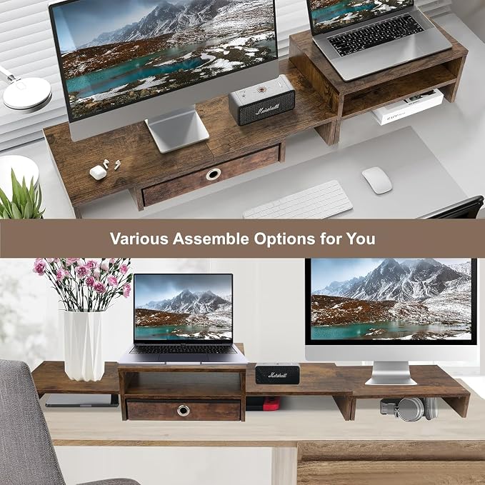 Monitor Riser for 3 Monitors, Angle Adjustable Monitor Stand with Drawer | Dual Monitor Stand for Desk, Dual Monitor Stand with Storage, Wooden Extra Long Triple Monitor Riser up to 52", Rustic Brown - Image 8