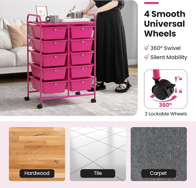 Giantex 10 Drawers Rolling Cart, Classroom Organizers, Storage Cart with Wheels, for Teacher Office Home School Supplies Tool Craft Art Paper, Hot Pink - Image 6
