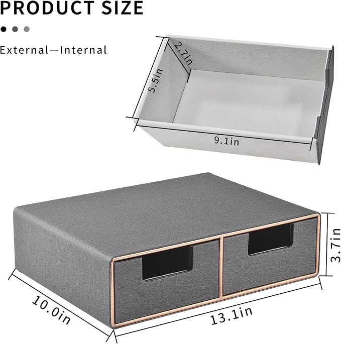 Linen Leather Desk Organizer with Drawers－Mini Desktop Drawer Organizer Stackable－Multifunctional Tabletop Organization Storage Box for Office Supplies Home Vanity Toiletries (Grey, 2-drawers) - Image 3