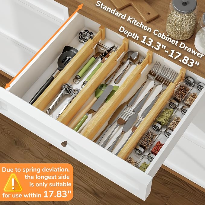 BAMEOS Bamboo Expandable Drawer Dividers – Fits 13.3"–19" Drawers, 2" High, Set of 4 | Spring-Loaded Bamboo Separator for Kitchen Island, Bathroom Vanity & Dresser Drawers - Image 4