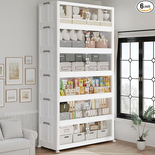 720QT Extra Large Stackable Storage Bins with Lid, 180Gal Plastic Closet Organizers and Storage Drawer, Collapsible Cabinet Box with Wheels Clear Doors for Home Kitchen Garage, 6Pack White by QAVABIN