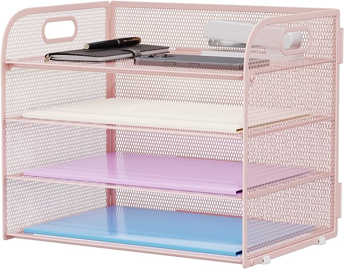 Marbrasse 4 Tier Paper Organizer Letter Tray - Mesh Desk File Organizer with Handle, Paper Sorter Organizer for Letter/A4 Office File Folder Holder (Pink, 12.6" x 9.1" x 10.7") by Marbrasse