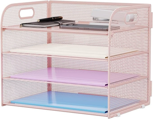 Marbrasse 4 Tier Paper Organizer Letter Tray - Mesh Desk File Organizer with Handle, Paper Sorter Organizer for Letter/A4 Office File Folder Holder (Pink, 12.6" x 9.1" x 10.7") by Marbrasse