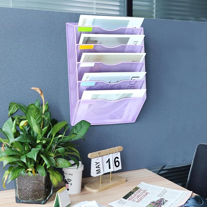 5 Pockets Mesh Wall File Holder Organizer Office Hanging File Folder Magazine Rack, Nametag Label Hooks Set Included (Purple) - Image 7