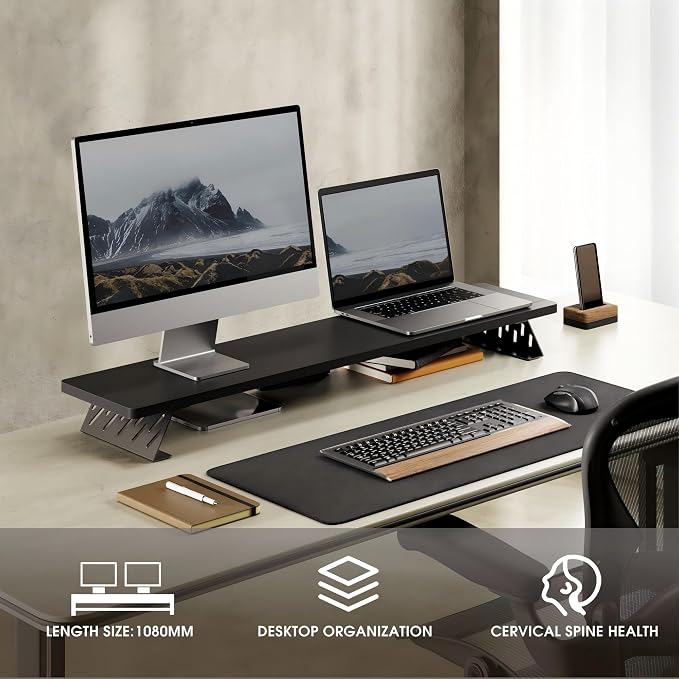 Fenge Monitor Stand Riser, Wooden & Metal Desk Shelf Organizer, Black | 42.5 Inch Dual Monitor Riser for 2 Monitors, Multifunctional Monitor Shelf for Laptop, PC, Printer - Image 8