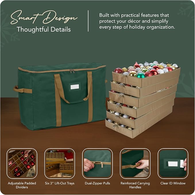 Covermates Keepsakes Adjustable Ornament Storage Bag – Heavy-Duty Polyester, Padded Dividers & FlexGrid Trays – Protective Holiday Ornament Organizer with Handles & Label Window, Green - Image 4