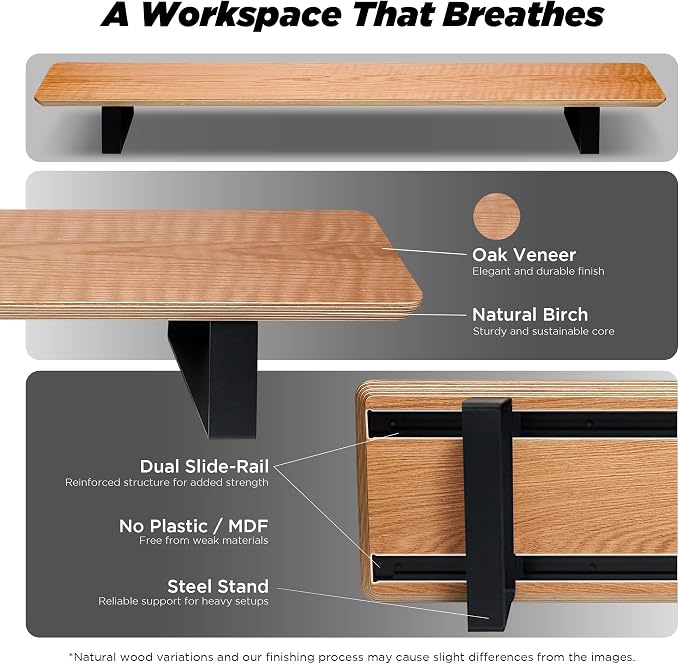 Moodular Wooden Monitor Stand Desk Organizer, Large 45.6" Oak | Customizable Organized Workspace, Aluminum Slide Rails, 10 Add-Ons Sold Separately: Storage Drawer, Tablet, Phone & More - Image 3