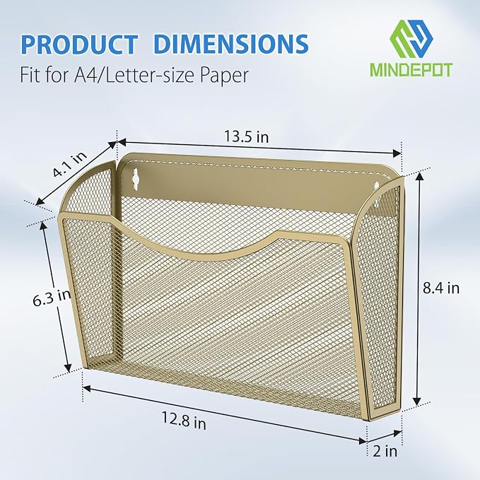 MINDEPOT Wall File Organizer, Hanging Wall File Holder, 3 Pack, Gold | Heavy Duty Iron, Metal Mesh Wall Mount, Single Pocket, Mail Organizer, for Office School Classroom Home, Letter A4 Size - Image 2