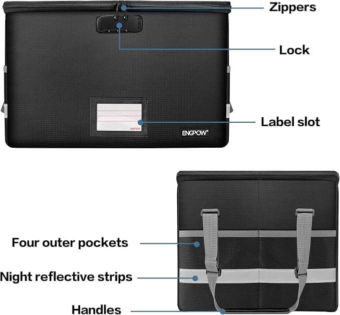 ENGPOW File Box with Lock,Fireproof Document Box with Zipper＆Pockets,Collapsible File Organizer Filing Storage Cabinet with Handle,Portable Home Office Safe for Hanging Letter/Legal Folder,Black - Image 8