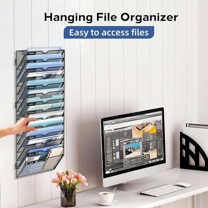 14-Tier Wall File Organizer and Hanging File Organizer, Black | Wall Organizer and Wall Mounted File Holder with 14 Pockets and Label Panels for Files, Mail, Folders, Magazines and Paper - Image 7