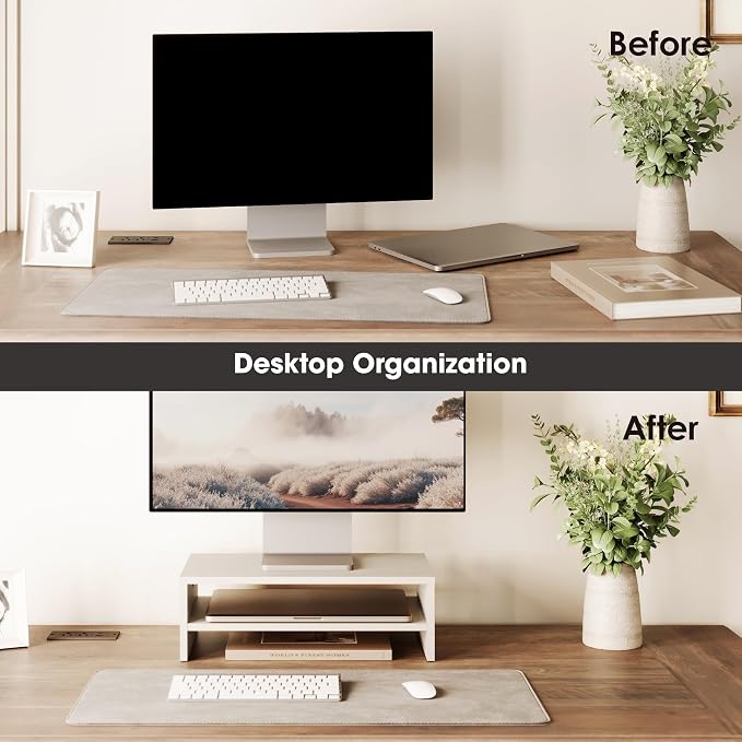 FITUEYES Wooden Monitor Stand Riser, 2-Tier Desk Storage Shelf, White | 16.7-Inch Desktop Organizer Fits Laptop, Computer Screen and Office Supplies - Image 4