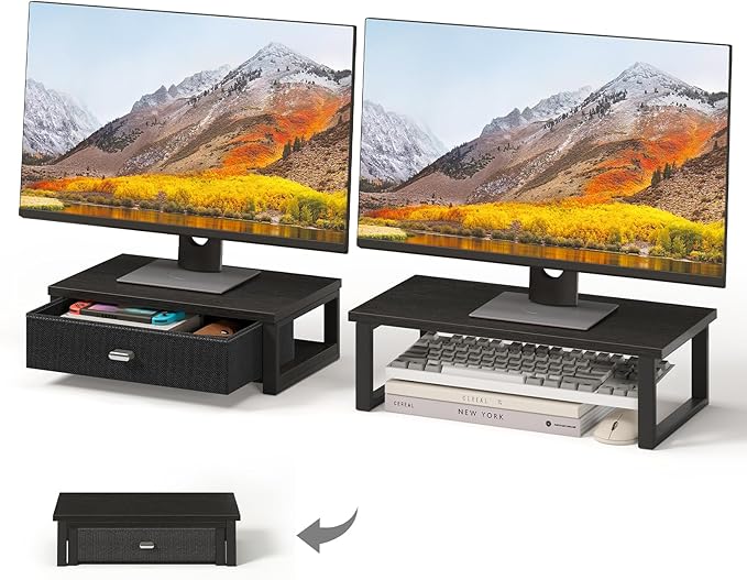 WOHOMO Dual Monitor Stand Riser with Drawers, Wood Desk Organizers for 2 Monitors, Desktop Storage Stand for Computer, Laptop, Black by WOHOMO