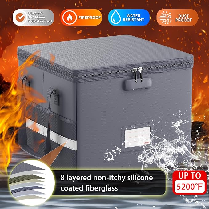 ENGPOW 5200°F File Box Fireproof Document Box with Lock,Heat Insulated Collapsible File Storage Organizer Box with Handle,Portable Home Office File Cabinet for Hanging Letter/Legal Size Folder, Gray - Image 3