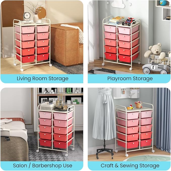 Giantex 10 Drawers Rolling Cart, Classroom Organizers, Storage Cart with Wheels, for Teacher Office Home School Supplies Tool Craft Art Paper, Pink Gradient - Image 8