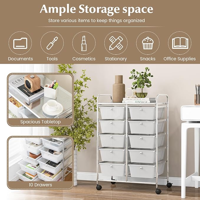 COSTWAY 10 Drawer Rolling Storage Cart, Utility Cart with Lockable Wheels | Mobile Art Supply Craft Organizer with Metal Frame, Multipurpose Drawer Cart for Paper for Office, School, Transparent - Image 4
