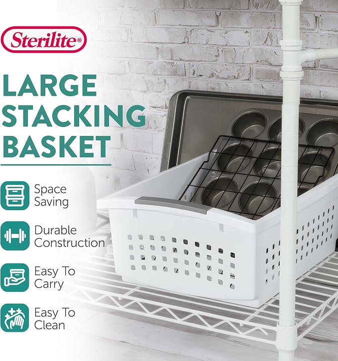 Sterilite 8 Pack Large Stacking Basket, Open Top Storage Bin with Handles, White - Ideal for Home Closets, Kitchens, or Office Organization - Image 2
