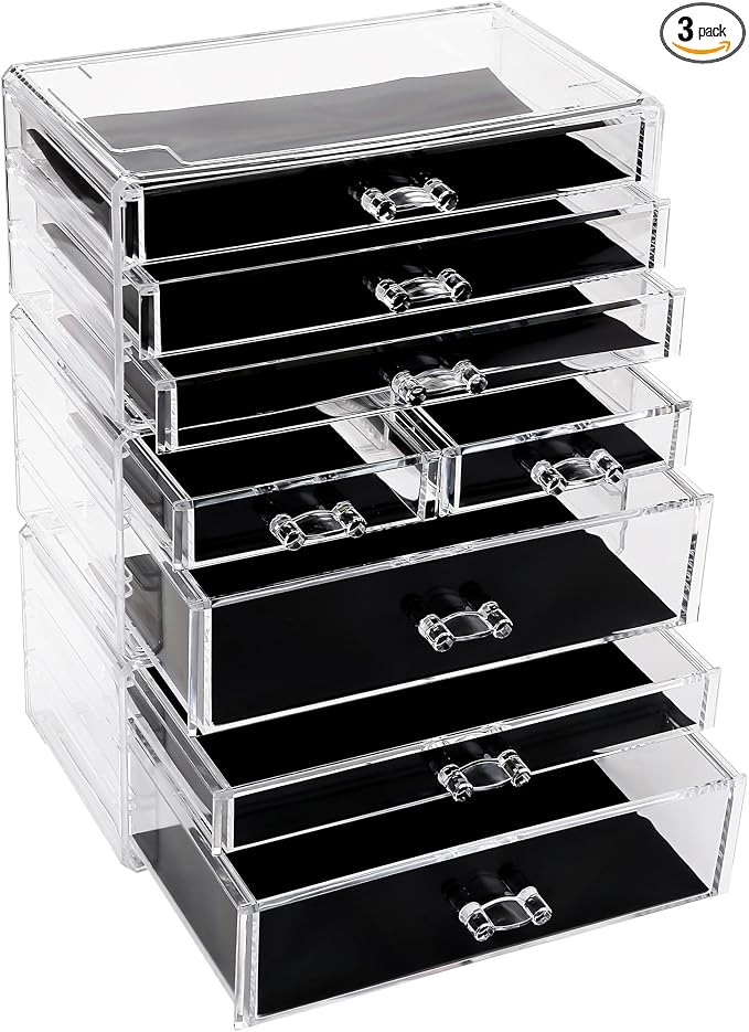 Sea Team 3-Tier Stackable Clear Acrylic Makeup Organizer with Drawers | Multi-Purpose Cosmetic Display Case, Jewelry Storage Box with 8 Drawers, Ideal for Vanity, Dresser, Bathroom, Countertop by SeaTeam