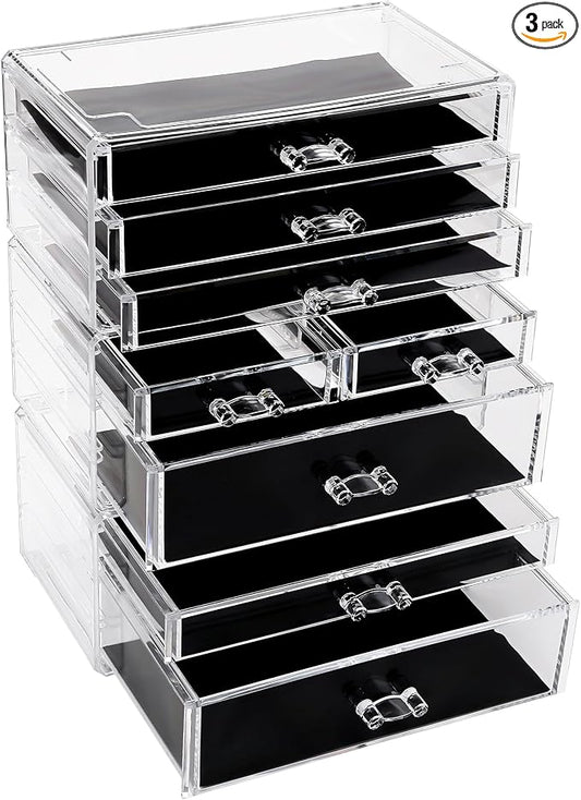 Sea Team 3-Tier Stackable Clear Acrylic Makeup Organizer with Drawers | Multi-Purpose Cosmetic Display Case, Jewelry Storage Box with 8 Drawers, Ideal for Vanity, Dresser, Bathroom, Countertop by SeaTeam