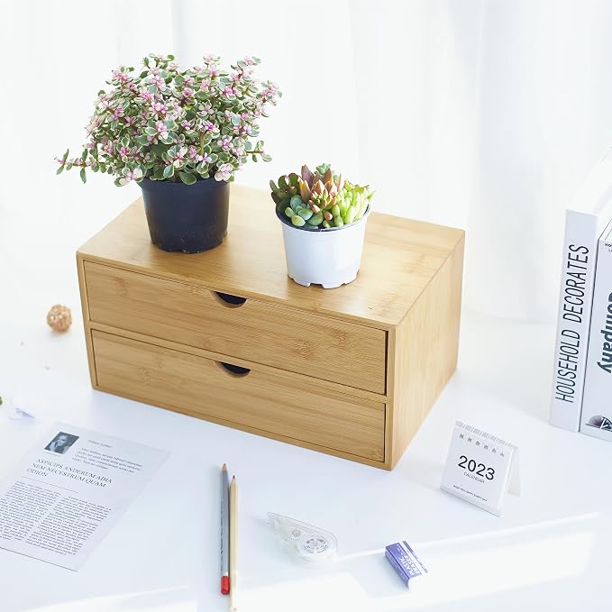 Charmewooden Bamboo Desk Organizer with Drawers, Countertop Organizer with Drawers Makeup Storage Drawer 2 Drawers Tabletop Storage Organization Box Home Office Workspace Bathroom Toiletries Supplies - Image 7