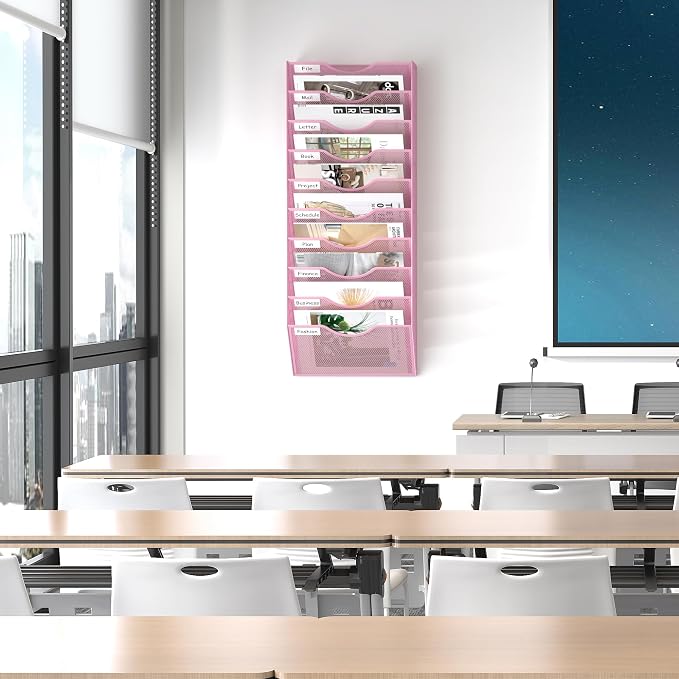 EasyPAG 10 Pocket Mesh Wall File Organizer, Hanging Paper Folder Holder with Classify Label, Vertical Wall Mount Mail Organizer for Office Home Classroom, Pink - Image 7