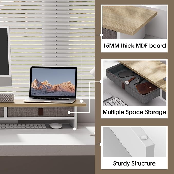 Fenge 35 Inch Monitor Stand with Drawer Storage, Computer Riser for Desk | Wooden Computer Shelf, 2 Tiers, for Dual Monitor/Laptop/PC/TV/Printer up to 55Lbs, Home Office Desk Organizer - Image 3
