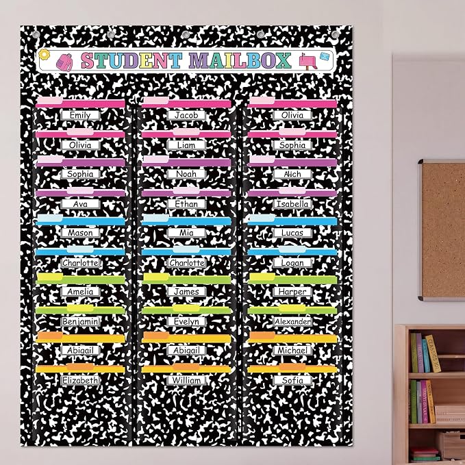 30 Pockets Classroom Mailbox with 30 Nametag Composition Notebook Hanging Wall File Organizer Classroom Storage Pocket Chart Folder with 5 Over The Door Hook for Back to School Bulletin Board by Yoojahow