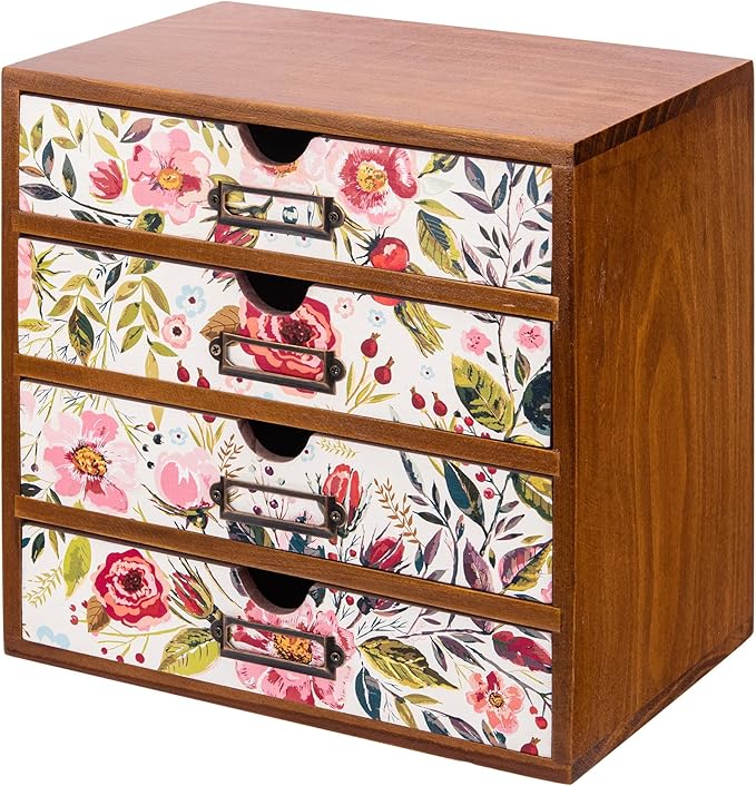 4-Drawer Vintage Desk Wood Storage Box With Drawers in Floral Chintz - Wooden Table Organizer I End Clutter & Dullness, Personalize Your Workspace - Beautiful Flower Design for Office & Home by PrimoSupply