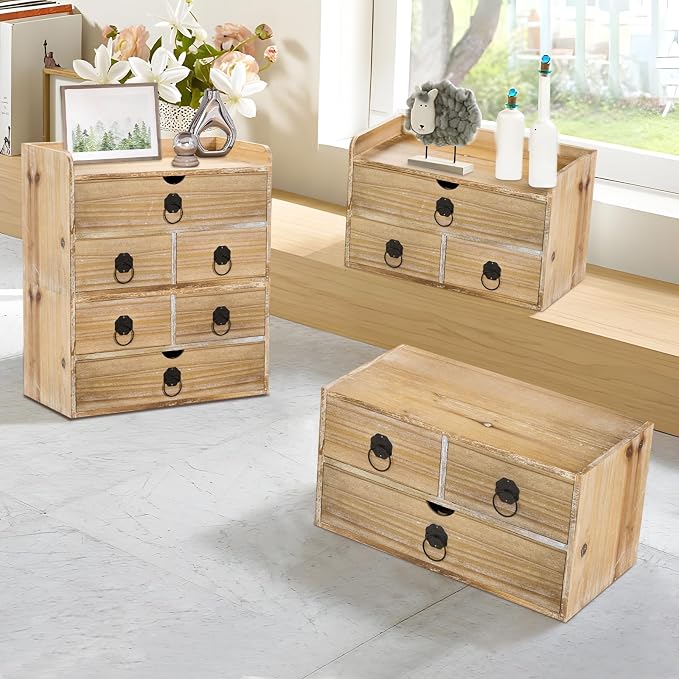 Washed White Wood Desk Organizer, Mini Desktop Organizer with Drawers, Tabletop Storage Organization for Home Office Supplies Vanity, No Assembly Required (3 Drawer and Shelf) - Image 9