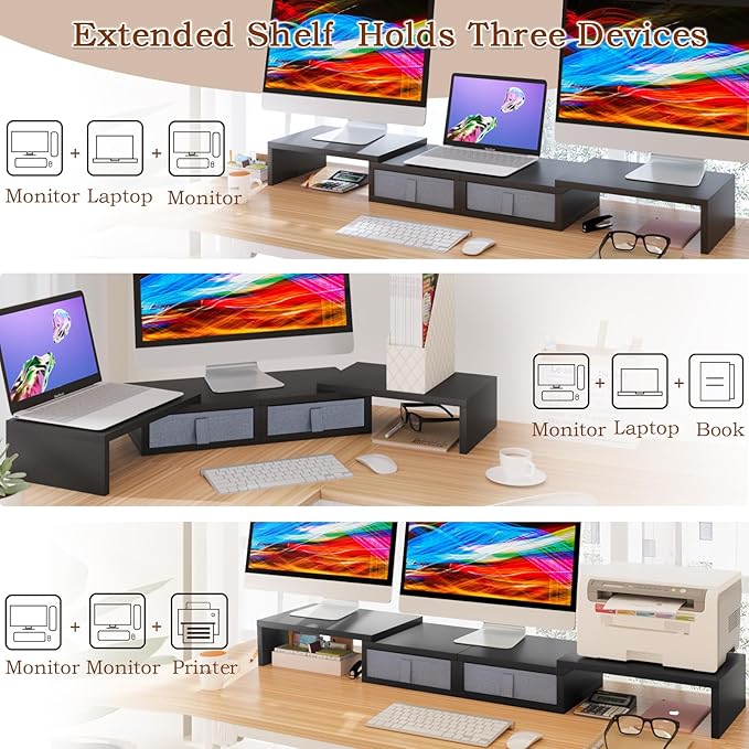 TEAMIX Wood Dual Monitor Stand Riser with Drawers-Length and Angle Adjustable Triple Monitor Stand with Storage Large Computer Riser for 2/3 Monitors/Laptops/PC/Printers - Image 2