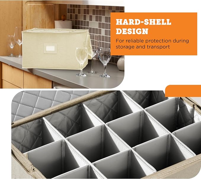 Wine Glass Storage Case | Hard Shell Felt Dividers | Cream | Hard Shell Case Holds 12 Wine Glasses In 4x4 Felt Compartments. Stackable, Top-Load, Label Tag. Cream Linen Finish. - Image 6