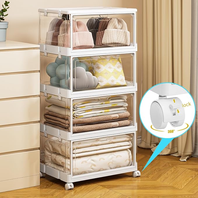 SNSLXH Clear Storage Bins with Lids & Wheels, Stackable Plastic Craft Containers, Large Closet Organizers Box for Bedrooms Living Rooms 24 QT, 4-Tiers - Image 5