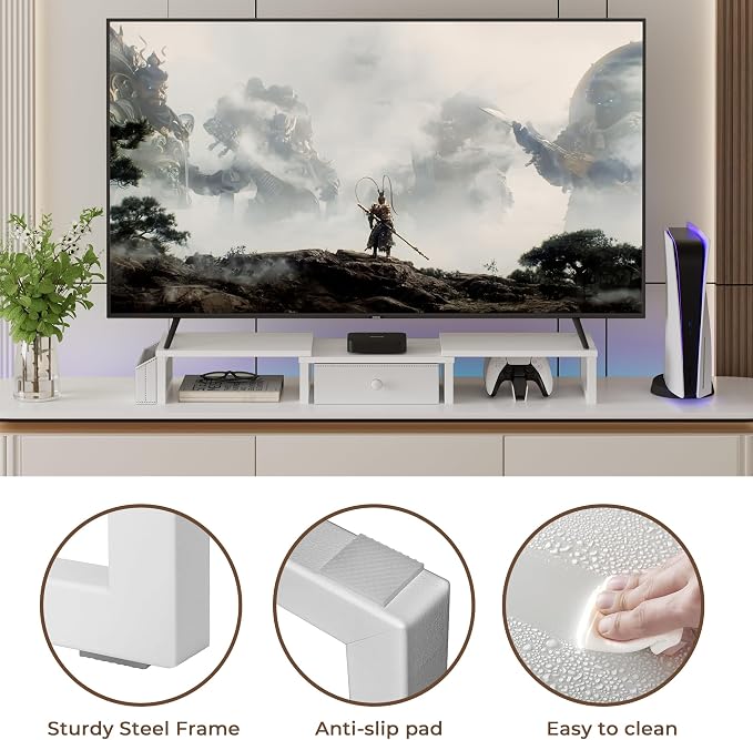 LAND·VOI Heavy Duty Dual Monitor Stand, Holds 2 Screens Up to 27 Inches, Adjustable Length and Angle Monitor Riser, Desk Organizer with Side Pockets and Drawers, Home Office Desk Storage, White - Image 9