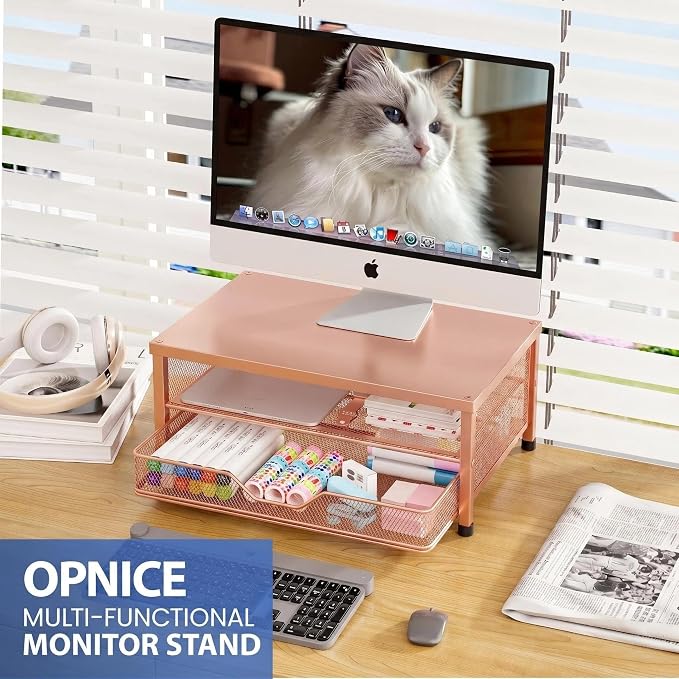 Computer Monitor Stand Riser, Desk Organizer with Drawer, Printer & Laptop Stand, Office Desk Accessories & Workspace Desktop Organizers Storage for Office Supplies(Rose Gold) - Image 3