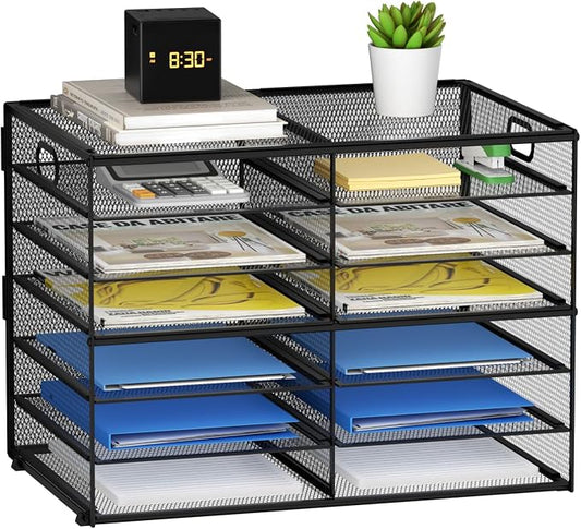 Lavatino 12 Compartments Paper Organizer for Desk, Mesh Literature Organizer, Mail File Sorter Tray with Handle, Desktop Mailbox for Office Classroom Home, Black by Lavatino