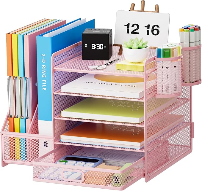 Marbrasse Desk Organizer with File Holder, 5-Tier Paper Letter Tray Organizer with Drawer and 2 Pen Holder, Mesh Desktop Organizer and Storage with Magazine Holder for Office Supplies(Pink) by Marbrasse
