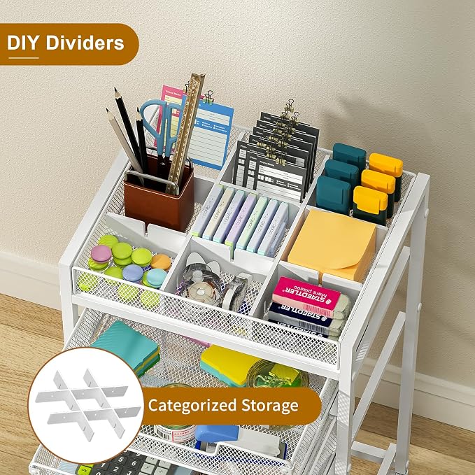 Rolling File Cart with 3 Storage Drawers, Under Desk Organizer with DIY Divider, Moblie Filing Cabinet on Wheels, Fits A4/Letter Size, Metal Utility Cart for Home Office, White - Image 5