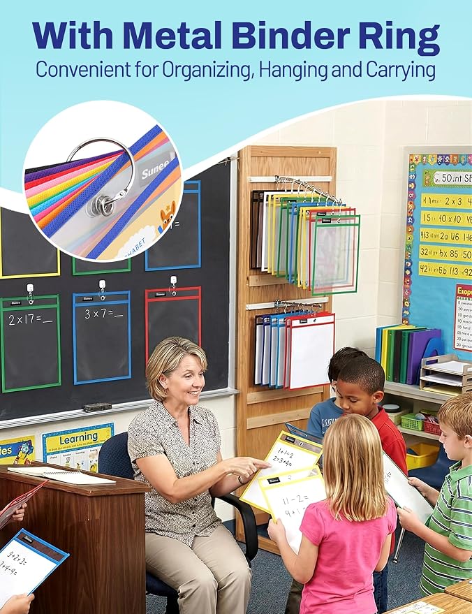 SUNEE 30 Packs Oversized Reusable Dry Erase Pocket Sleeves with 2 Rings, 10 Assorted Colors 10x14 Ticket Holders, Clear Plastic Sheet Protectors, Teacher School Classroom Supplies - Image 6