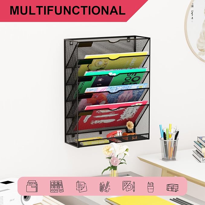 Hanging Wall File Organizer 6 Tier Wall Mounted Mail Paper Folder Holder Document Organization Stand, Vertical Desk Magazine Rack for Office Home Cubicle Countertop, Black - Image 6