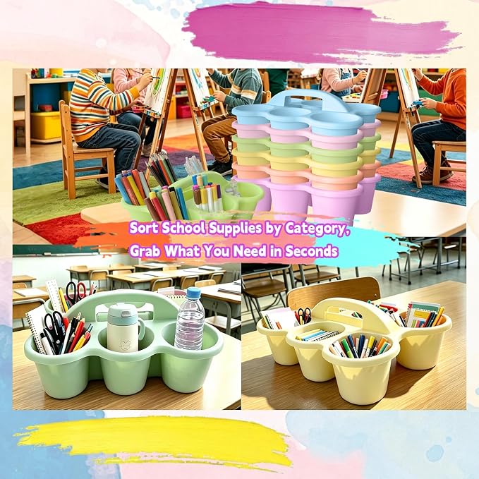 6 Pack Classroom Caddy Organizer with Handle Pastel Plastic Table Caddy 6 Compartments Storage Cup Holder for School Supplies Art Crafts Crayons Pencils Stackable Desk Caddy for Office Home - Image 6