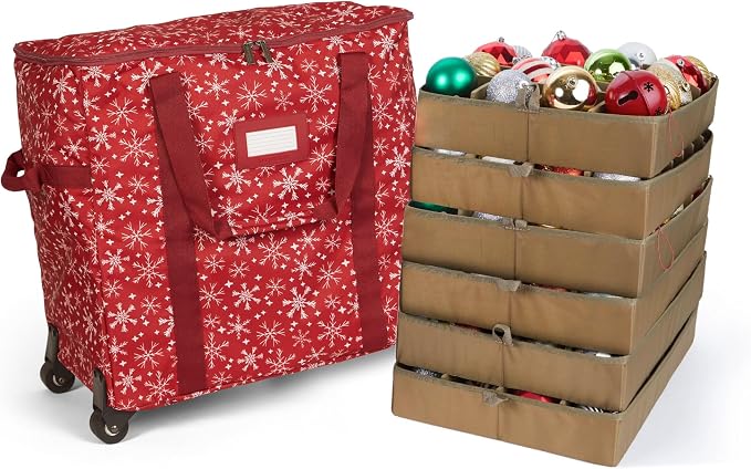 Covermates Keepsakes Rolling Adjustable Ornament Storage Bag – Heavy-Duty Polyester, FlexGrid Trays & Padded Dividers – Protective Holiday Organizer with Wheels, Handles & ID Window, Red Snowflake by Covermates