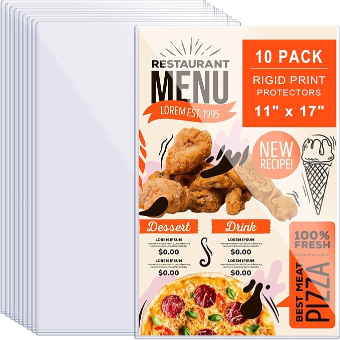 AKONEGE 10Pcs 11" x 17" Rigid Print Protectors Hard Plastic Sleeves for Prints, Menu Cover, Heavy Duty Sheet Poster Protectors Clear Plastic Sleeves for Paper Photos Documents Magazines, Vertical by AKONEGE