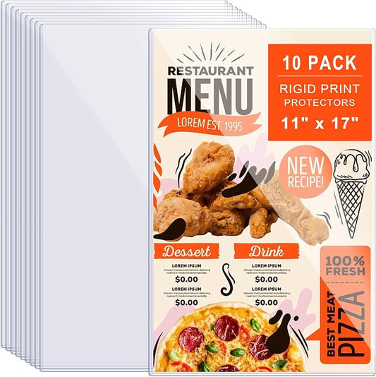 AKONEGE 10Pcs 11" x 17" Rigid Print Protectors Hard Plastic Sleeves for Prints, Menu Cover, Heavy Duty Sheet Poster Protectors Clear Plastic Sleeves for Paper Photos Documents Magazines, Vertical by AKONEGE