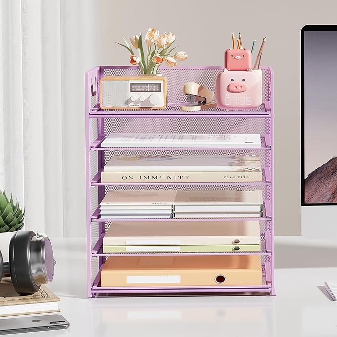 Subekyu 6 Tier Paper File Tray Organizer for Desk, Purple Mesh Desk Letter Paper File Folder Accessories Sorter Organizer with Handle, Stackable Slide Tray for Office, Home or School Supplies Storage - Image 3