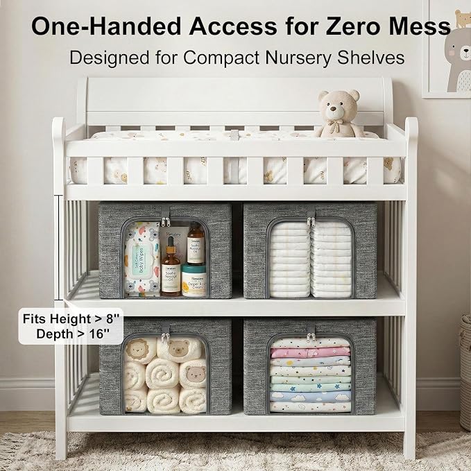 GoMaihe Baby Clothes Storage Bins with Metal Frame 27L 6-Pack Grey | Kids Toddler Child Clothing & Towels Small Items, Closet Top Shelf Boxes, Collapse-Proof Stackable, Clear Window Dual Access - Image 6