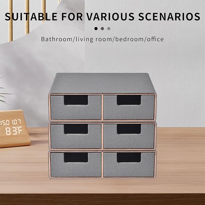 Linen Leather Desk Organizer with Drawers－Mini Desktop Drawer Organizer Stackable－Multifunctional Tabletop Organization Storage Box for Office Supplies Home Vanity Toiletries (Grey, 2-drawers) - Image 4