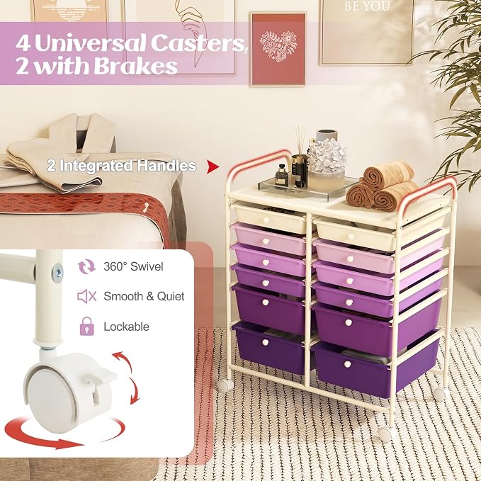 Moccha 12-Drawer Rolling Storage Cart - Utility Cart on Wheels with Lockable Casters for Craft Art Supply Paper Salon, Mobile Drawer Carts for Classroom Teacher School Office (Gradient Purple) - Image 5