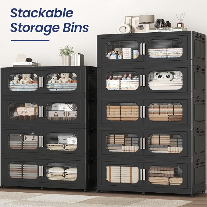 250Gal Exra Large Stackable Storage Bins with Lid, 1000QT Collapsible Storage Box with 6x Wheels, Folding Plastic Cabinet Container with Door Drawer for Home Kitchen Office Dorm, 5Pack Black - Image 7