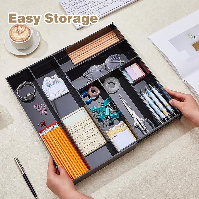 Briwooody Black Acrylic Drawer Organizer Expandable,7 Compartments,Large | 9'' up to 18'' x 12'' x 2.1'' Desk Drawer Organizer Trays Adjustable with Desk Accessories for Makeup Office Bathroom - Image 5